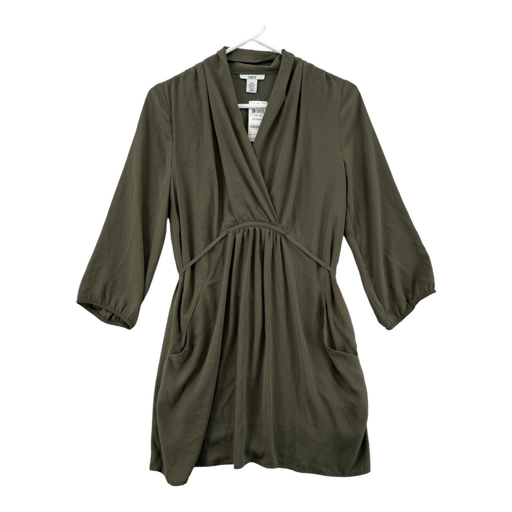 NWT Bar III Dress Womens Size XXS Olive V Neck Chiffon Tie Pleated Pocket Short